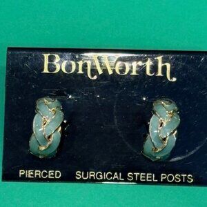 BonWorth gold tone &  blue enamel earrings-Criss cross design-Pierced